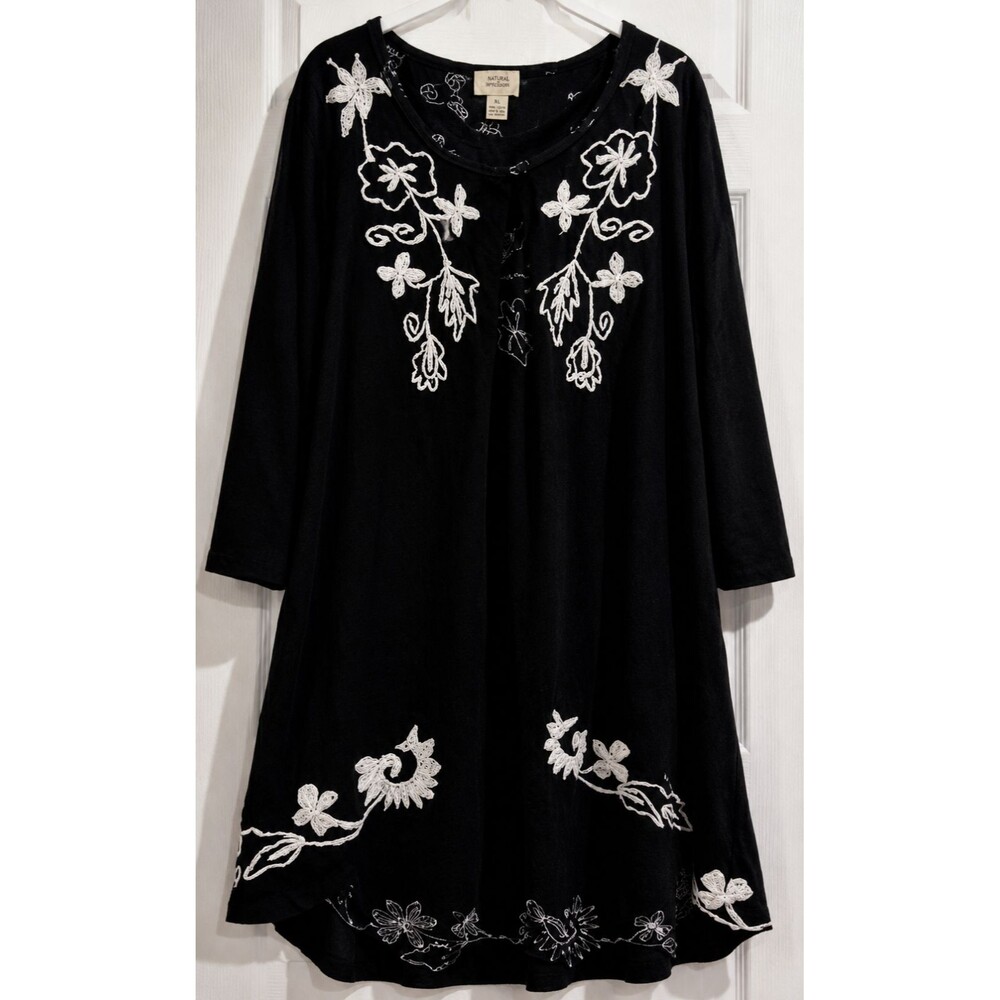 Natural Impressions Tunic Duster XL Black Embroidered Boho 100% Cotton